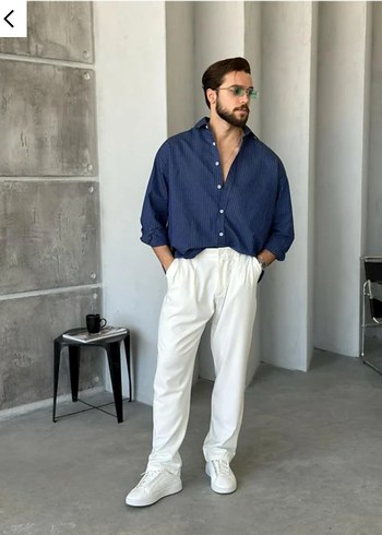 Erkek Mavi Çizgili Oversize Gömlek - Görsel 4