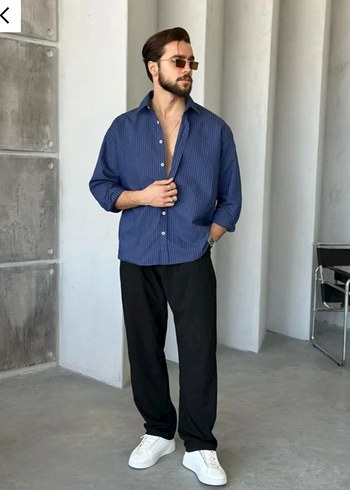Erkek Mavi Çizgili Oversize Gömlek - Görsel 3