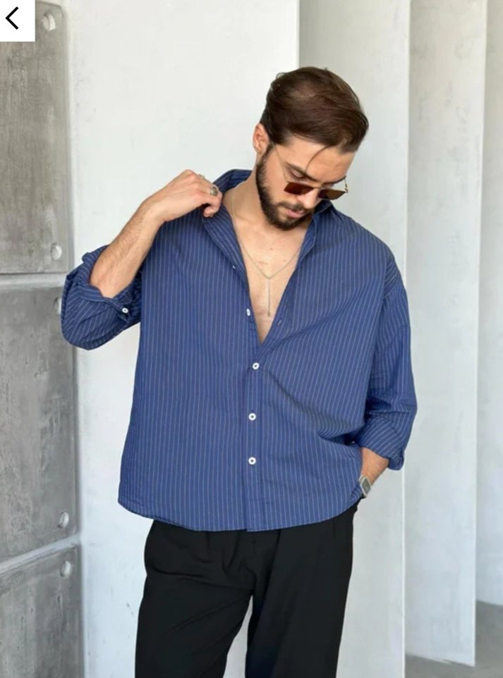 Erkek Mavi Çizgili Oversize Gömlek - Görsel 2