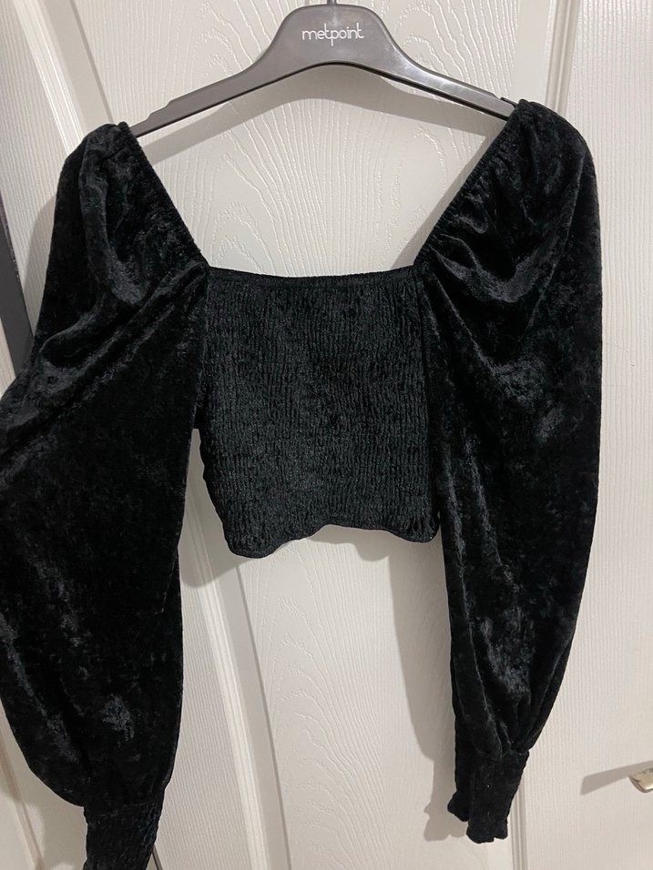 Kadın Siyah kadife kare yaka bluz - Görsel 3