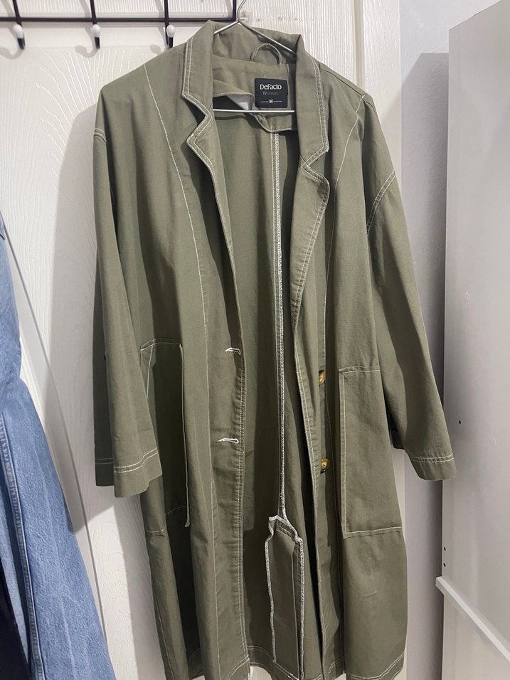 Kadın Haki yeşili Midi Keten Trençkot - Görsel 2