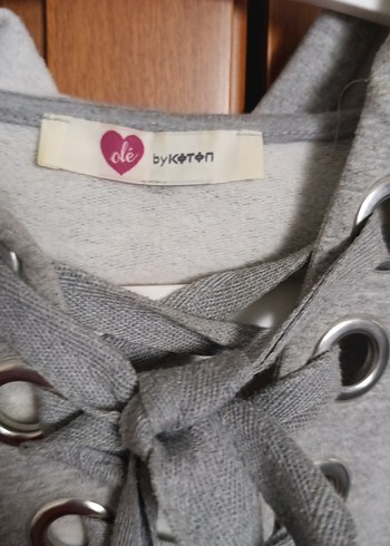 Gri Kapüşonlu Bağcıklı Kadın Sweatshirt koton M beden - Görsel 2