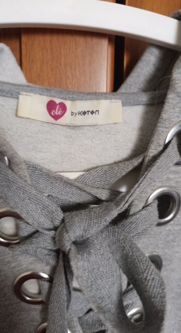 Gri Kapüşonlu Bağcıklı Kadın Sweatshirt koton M beden - Görsel 2