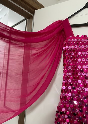 Pembe Payetli Midi Kadın Abiye Elbise - Görsel 2