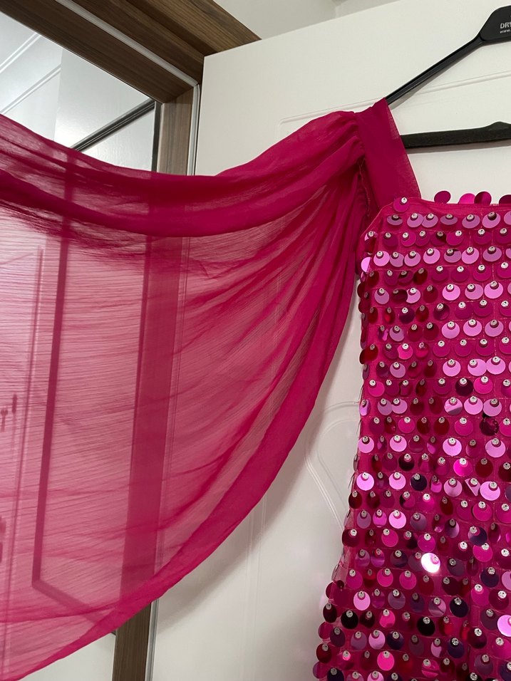 Pembe Payetli Midi Kadın Abiye Elbise - Görsel 2