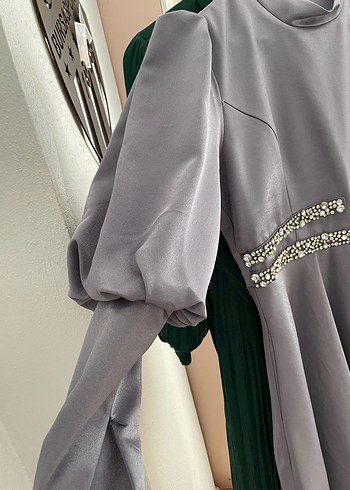 Uzun Gri Drapeli Kadın Abiye Elbise - Görsel 3
