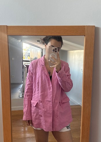 Pembe Midi Keten Kadın Blazer Ceket
