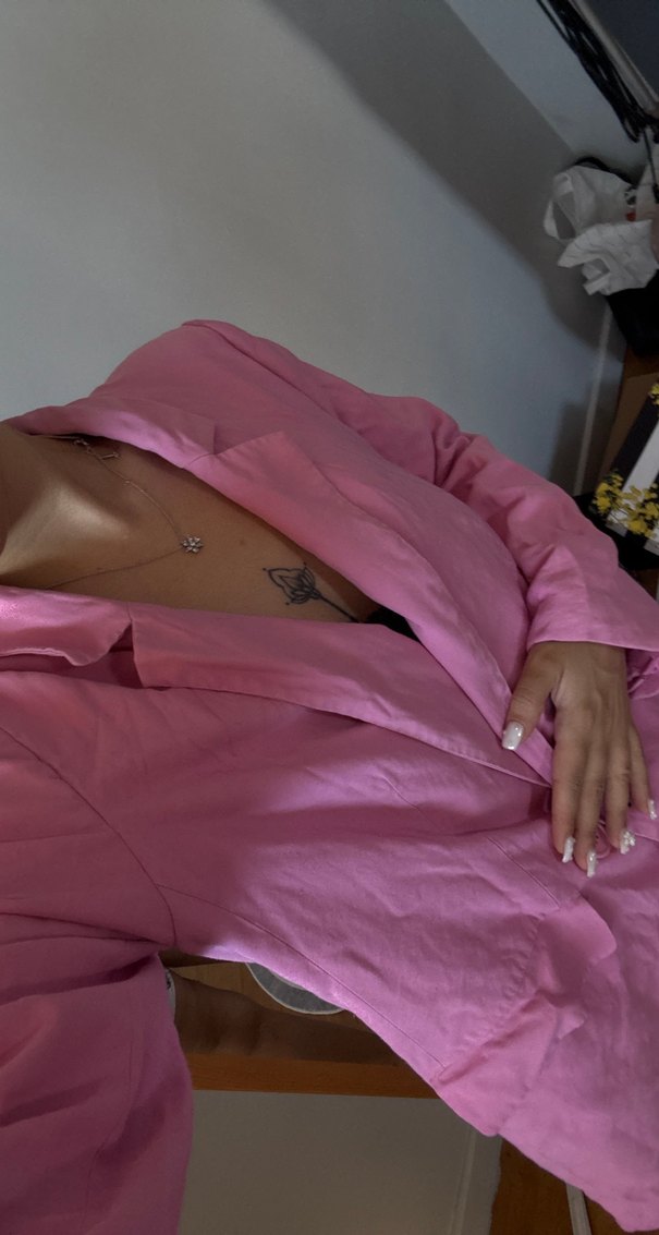 Pembe Midi Keten Kadın Blazer Ceket - Görsel 4