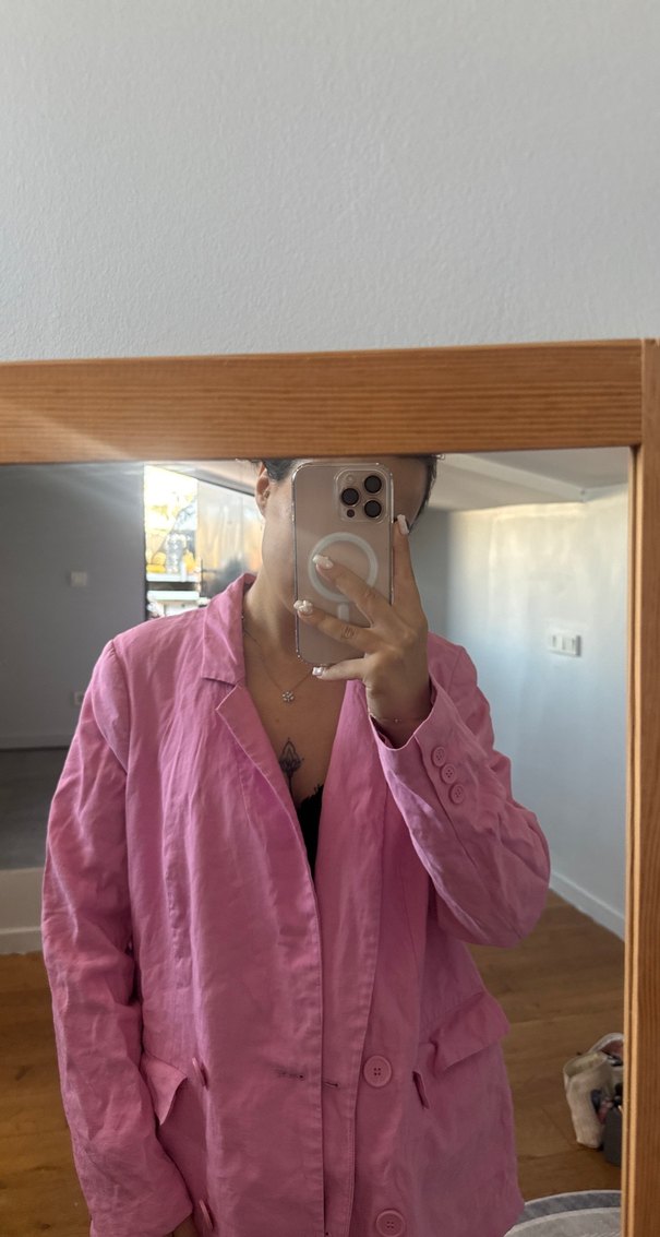 Pembe Midi Keten Kadın Blazer Ceket - Görsel 2