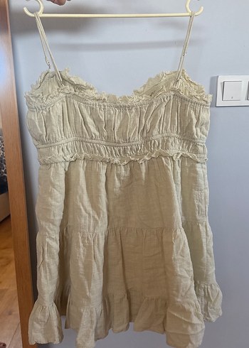 Bej Keten Midi Straplez Elbise - Görsel 3