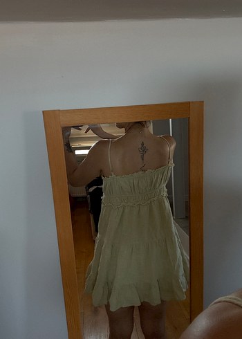 Bej Keten Midi Straplez Elbise - Görsel 6