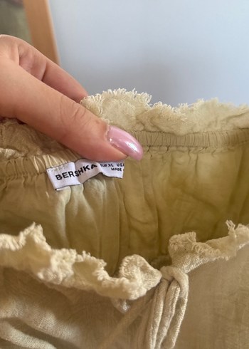 Bej Keten Midi Straplez Elbise - Görsel 4