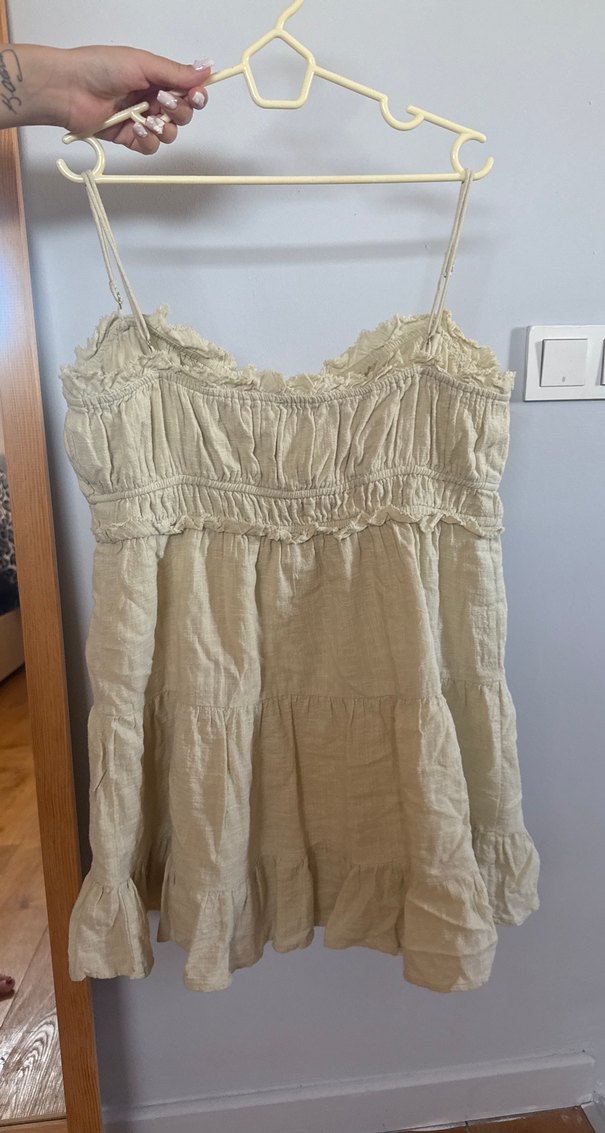 Bej Keten Midi Straplez Elbise - Görsel 3