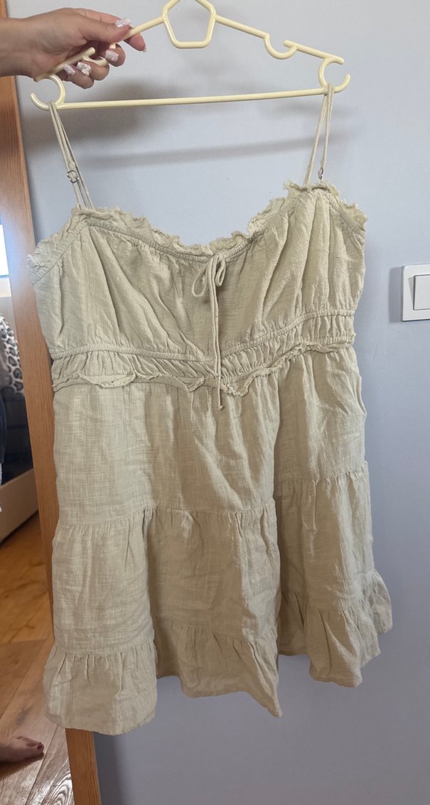 Bej Keten Midi Straplez Elbise - Görsel 2