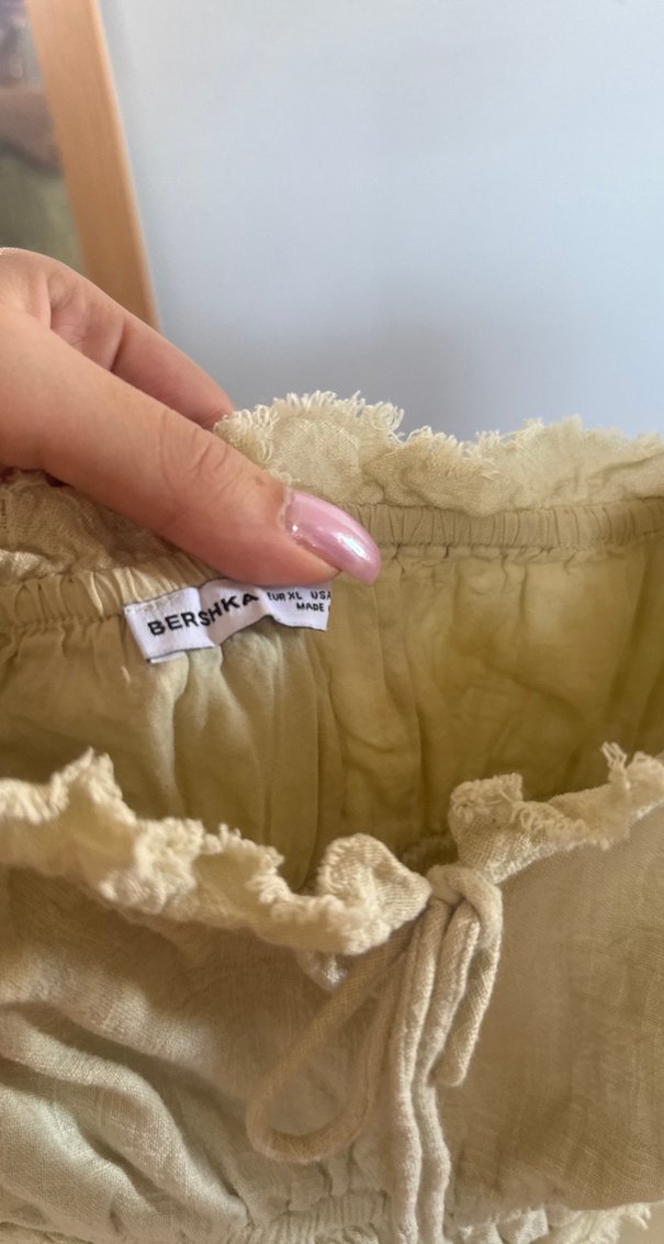 Bej Keten Midi Straplez Elbise - Görsel 4