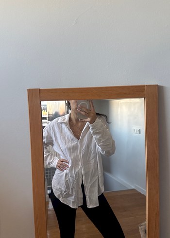 Kadın Beyaz Keten Uzun Kollu Salaş Gömlek - Görsel 3