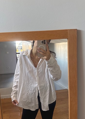 Kadın Beyaz Keten Uzun Kollu Salaş Gömlek - Görsel 2