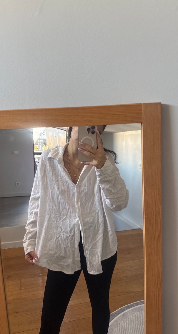 Kadın Beyaz Keten Uzun Kollu Salaş Gömlek - Görsel 2