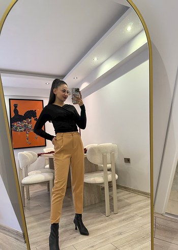 Kadın Camel Deri Cigarette Pantolon - Görsel 4