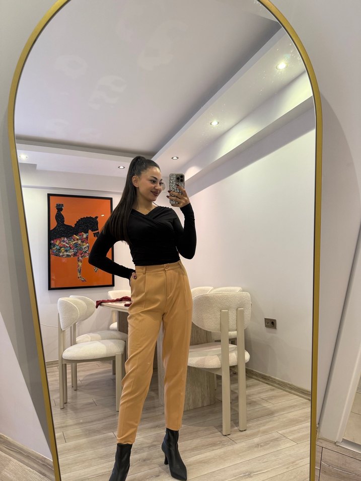 Kadın Camel Deri Cigarette Pantolon - Görsel 2