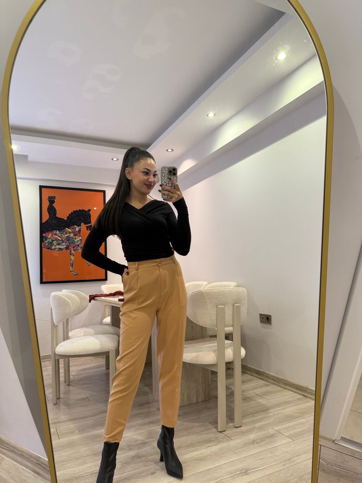 Kadın Camel Deri Cigarette Pantolon - Görsel 3