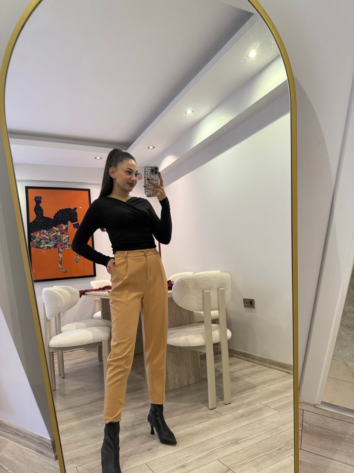 Kadın Camel Deri Cigarette Pantolon - Görsel 2