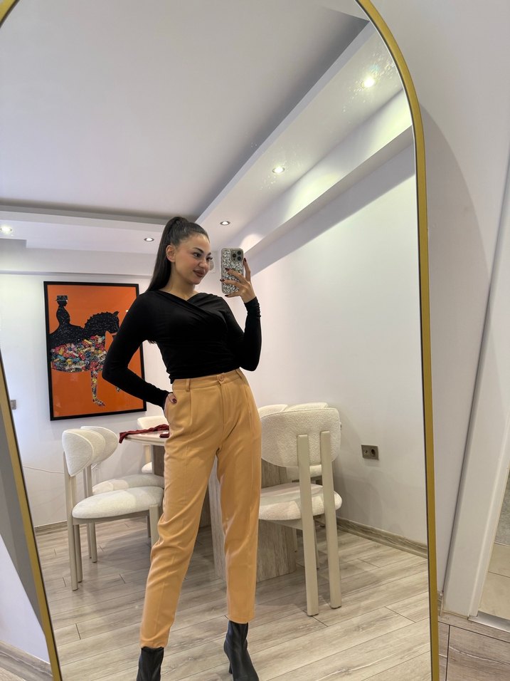 Kadın Camel Deri Cigarette Pantolon - Görsel 4