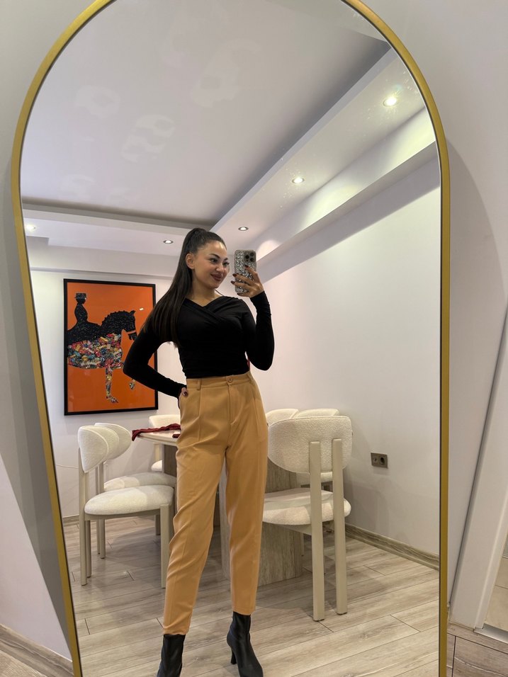 Kadın Camel Deri Cigarette Pantolon - Görsel 2