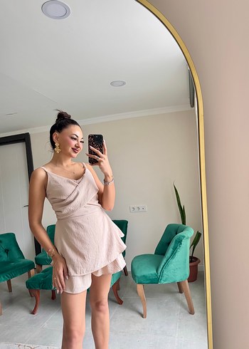 s Beden Bej Mini Saten Askılı tulum