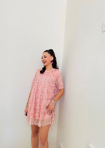 Pembe Mini Dantel Detaylı Bohem abiye