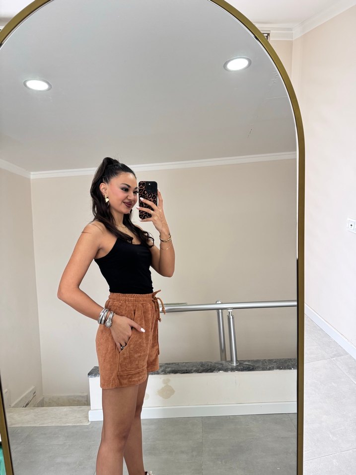 Kadın Kahverengi Süet Bağcıklı Şort - Görsel 2