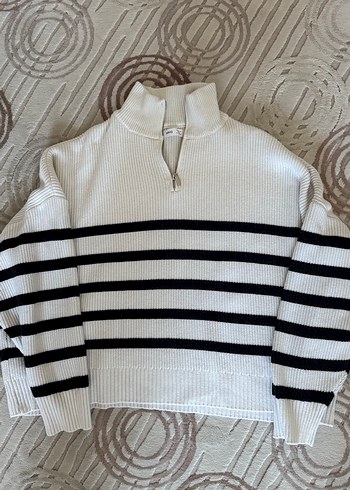 Yarım Fermuarlı Çizgili Kadın Triko Kazak - Görsel 4