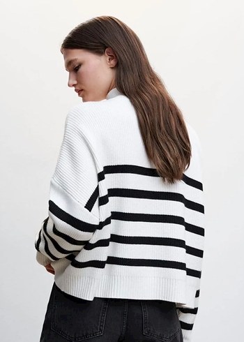 Yarım Fermuarlı Çizgili Kadın Triko Kazak - Görsel 2