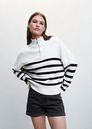 Yarım Fermuarlı Çizgili Kadın Triko Kazak - Görsel 3