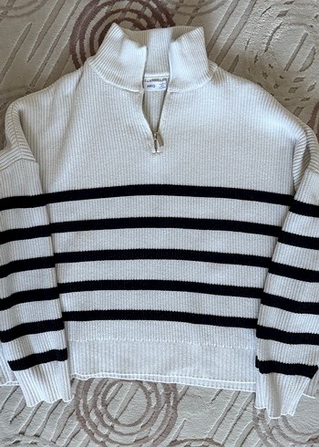 Yarım Fermuarlı Çizgili Kadın Triko Kazak - Görsel 6