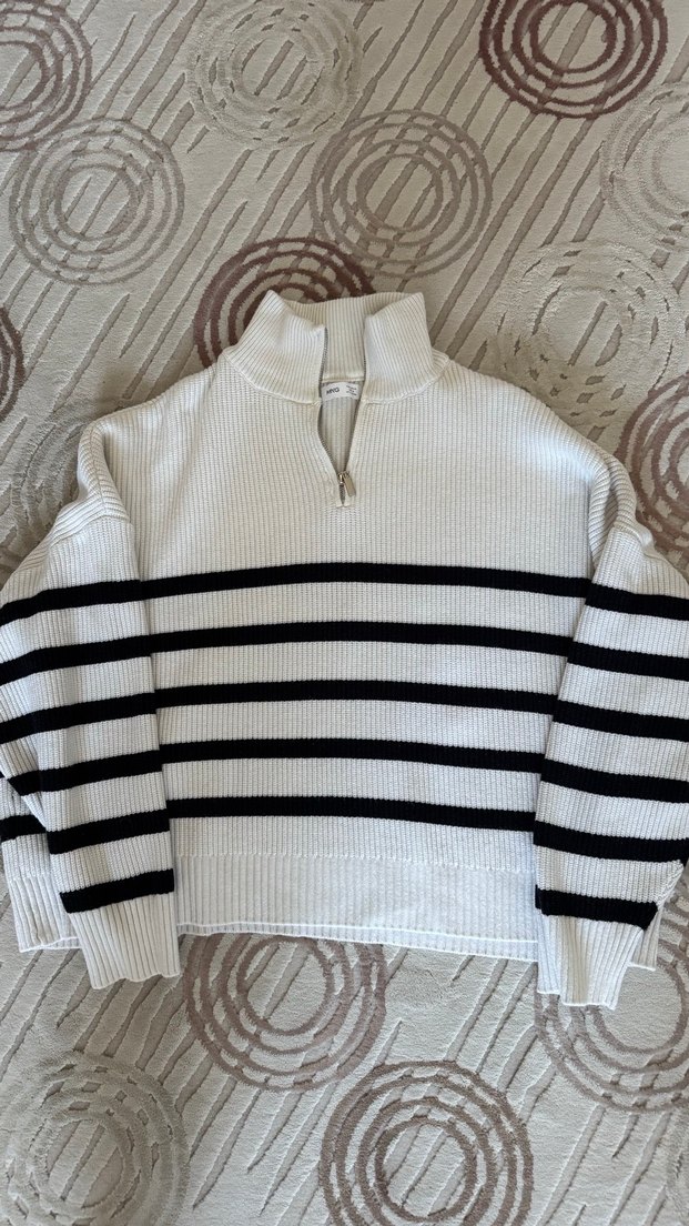 Yarım Fermuarlı Çizgili Kadın Triko Kazak - Görsel 4