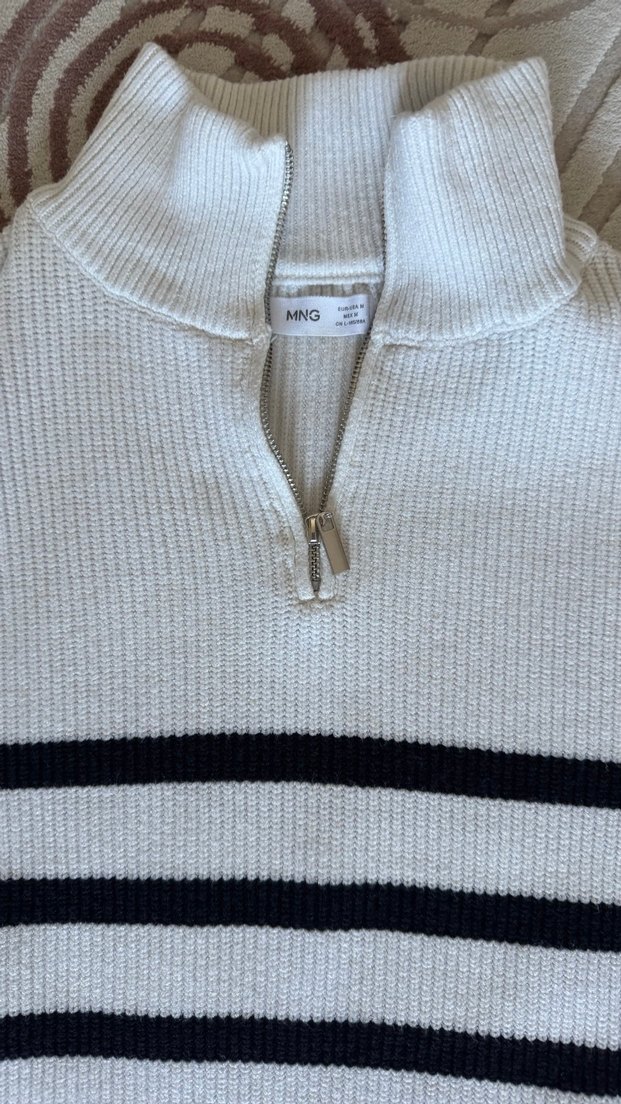 Yarım Fermuarlı Çizgili Kadın Triko Kazak - Görsel 5