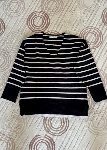 Siyah Beyaz Çizgili Pamuklu Kadın Kazak - Görsel 4