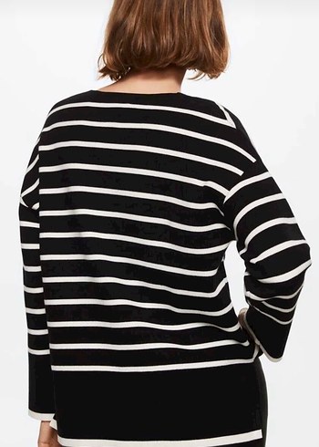 Siyah Beyaz Çizgili Pamuklu Kadın Kazak - Görsel 2