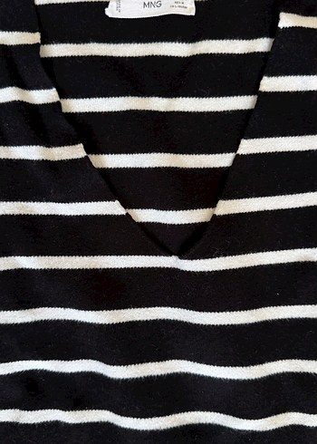 Siyah Beyaz Çizgili Pamuklu Kadın Kazak - Görsel 5