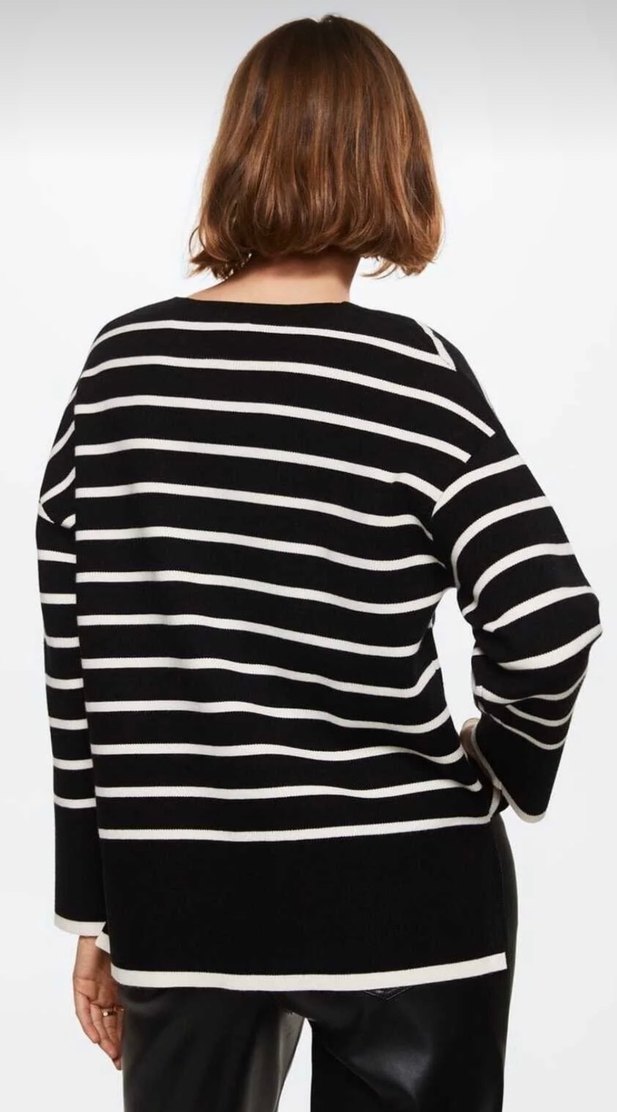 Siyah Beyaz Çizgili Pamuklu Kadın Kazak - Görsel 2