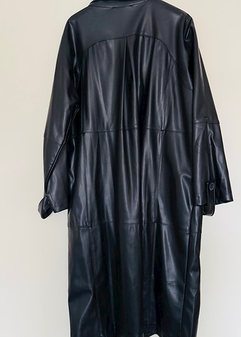 Kadın Siyah Suni Deri Uzun Trençkot - Görsel 4