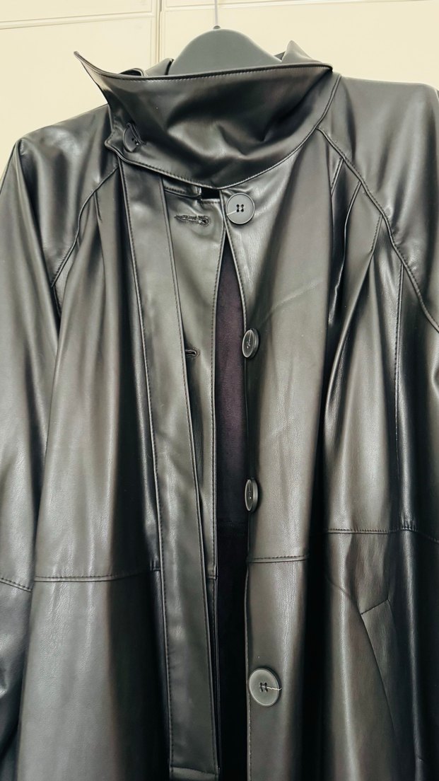 Kadın Siyah Suni Deri Uzun Trençkot - Görsel 3