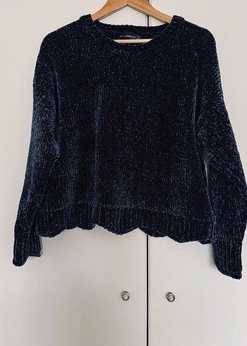 Kadın Lacivert kadife iplikli Uzun Kollu Kazak - Görsel 2