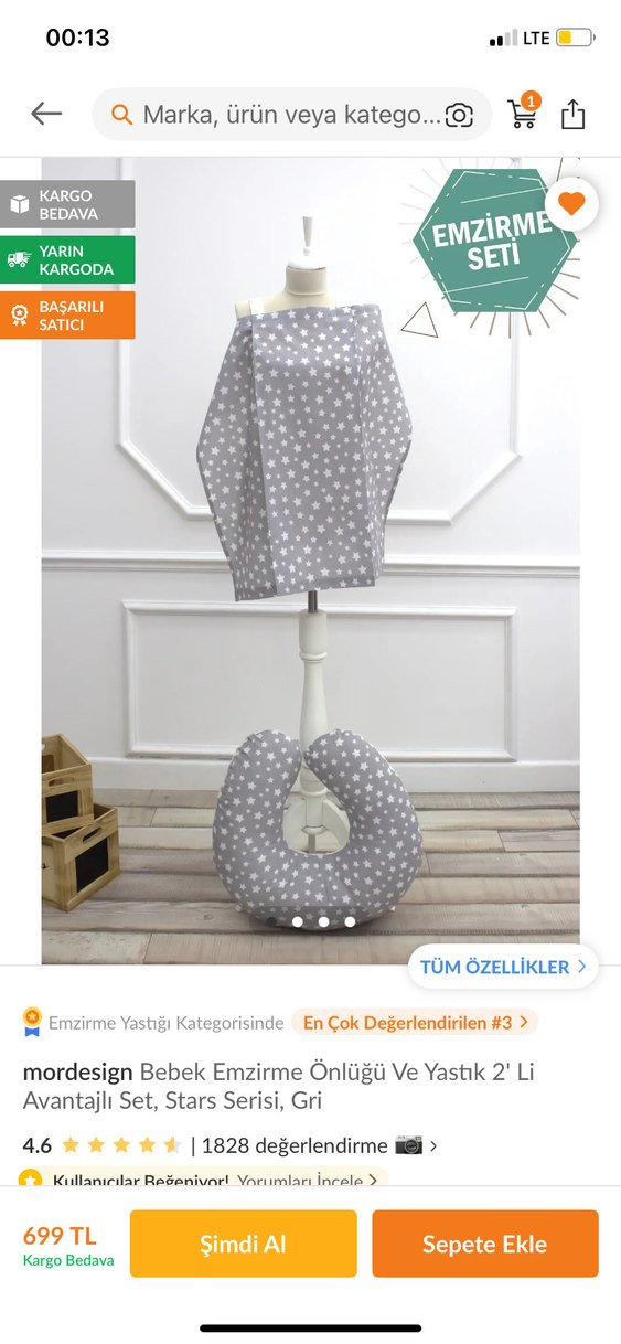 Gri Yıldız Desenli Emzirme Örtüsü ve Destek Yastığı Seti - Görsel 2