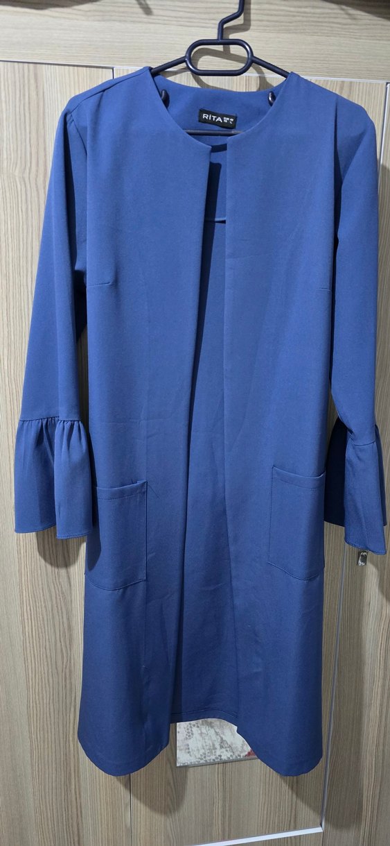 İndigo renk Uzun Kollu kemerli  Bleazer Ceket - Görsel 3