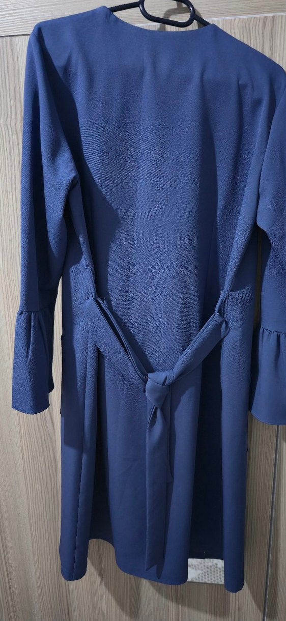 İndigo renk Uzun Kollu kemerli  Bleazer Ceket - Görsel 5