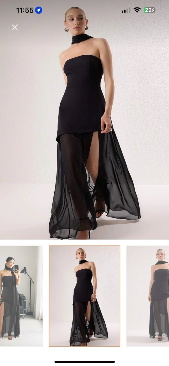 Siyah straplez yırtmaçlı elbise - Görsel 5