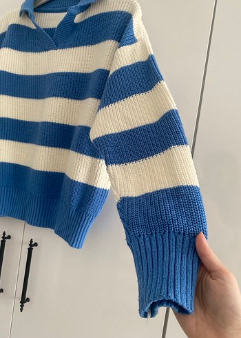 Mavi Beyaz Çizgili Örgü Kazak - Görsel 4