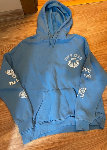 Mavi Kapüşonlu Baskılı Oversize Sweatshirt